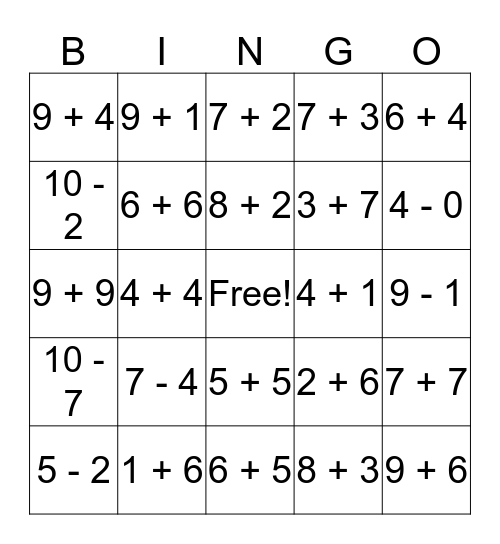 Math Facts Bingo Card