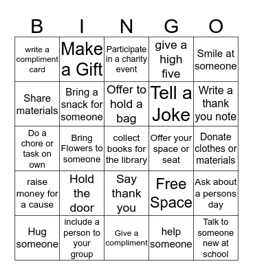 Acts of Kindness Bingo Card