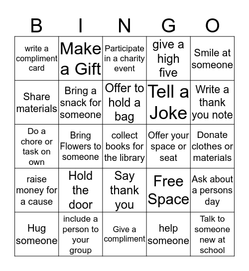 Acts of Kindness Bingo Card