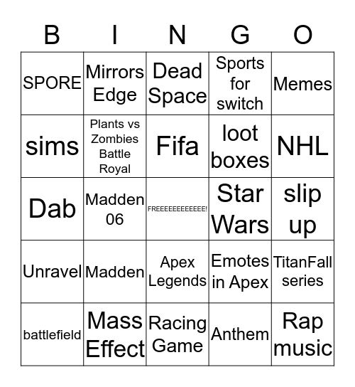 EA E3 2019 Bingo Card