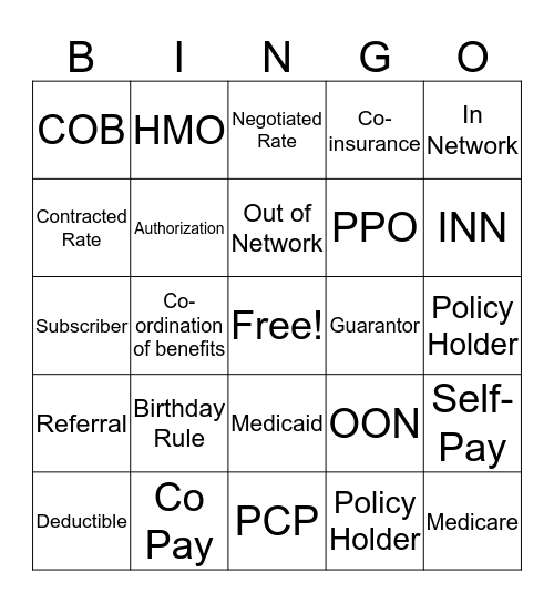 Insurance terminology Bingo Card