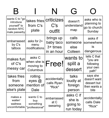 Marty Party Bingo Card