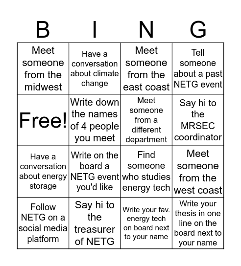 NETG Energy Drinks Bingo Card