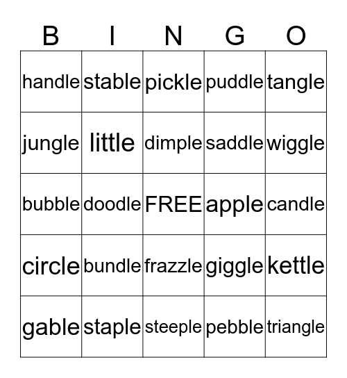 Consonant -le Bingo Card