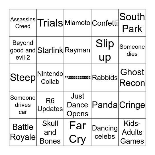 Ubisoft E3 2019 Bingo Card