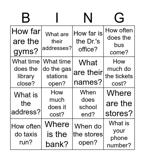 Ask for information Bingo Card