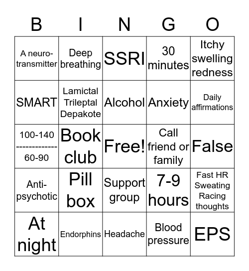 Mental Health  Bingo Card