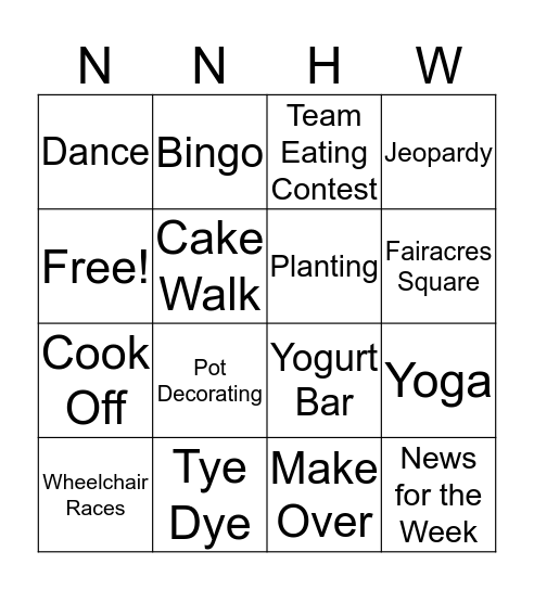National Nursing Home Week 2019 Bingo Card