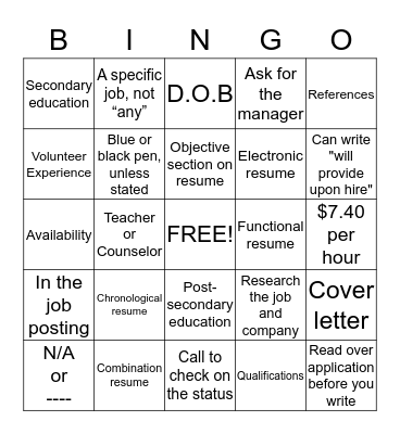 Job Search Bingo Card