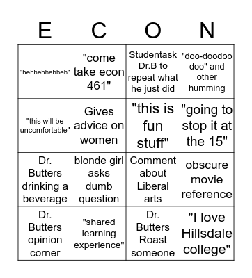 Dr. Butters Economics Bingo Card