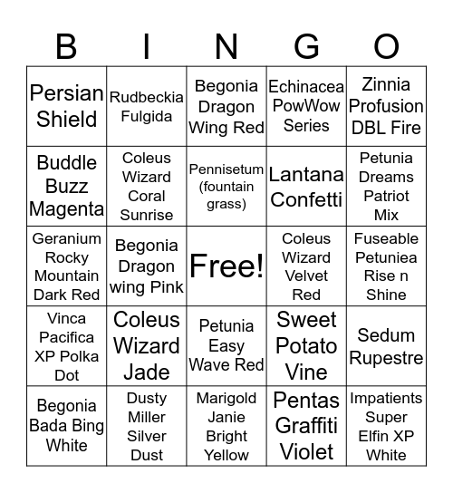 Plant Sale Bingo Card