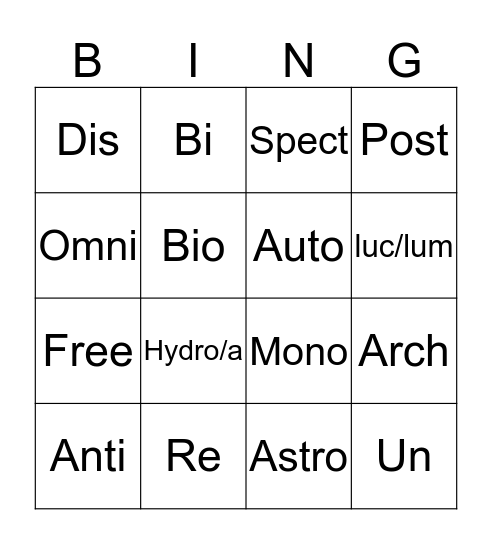 Word Parts BINGO Card