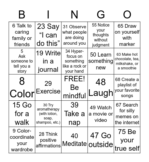 PJ Bingo Card
