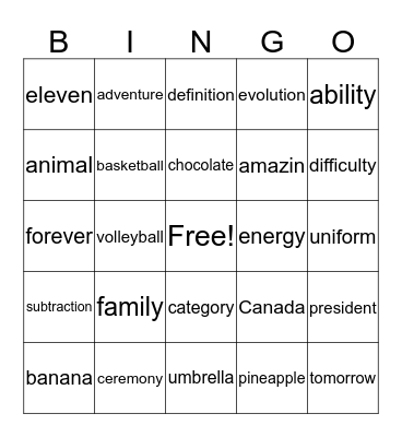 3 or 4 Syllable Words Bingo Card