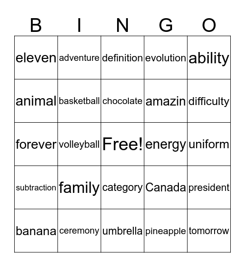 3 or 4 Syllable Words Bingo Card