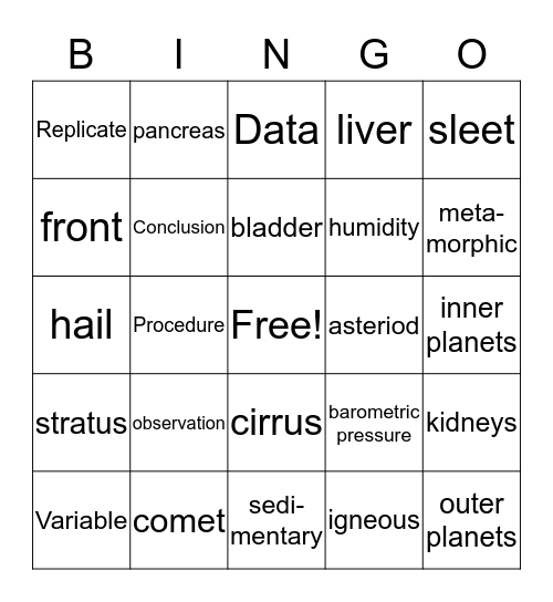 Scientific Method, Planets, Weather, Rocks, Body Bingo Card