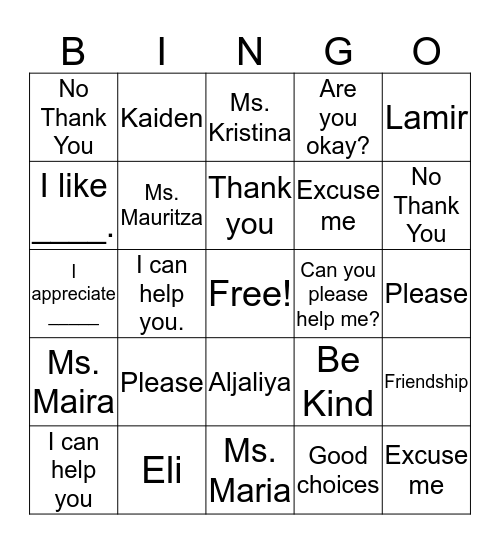 Use Friendly Words Bingo Card