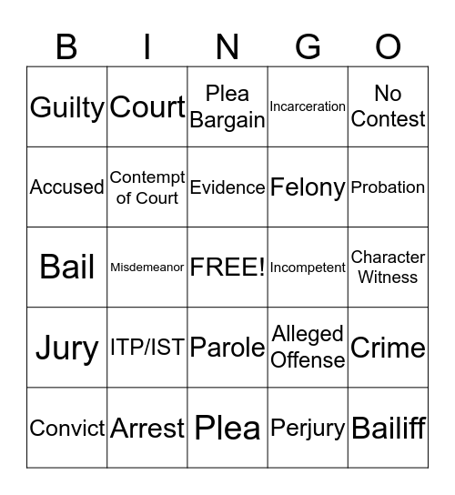 Vocaulary List for Capacity to Proceed Bingo Card