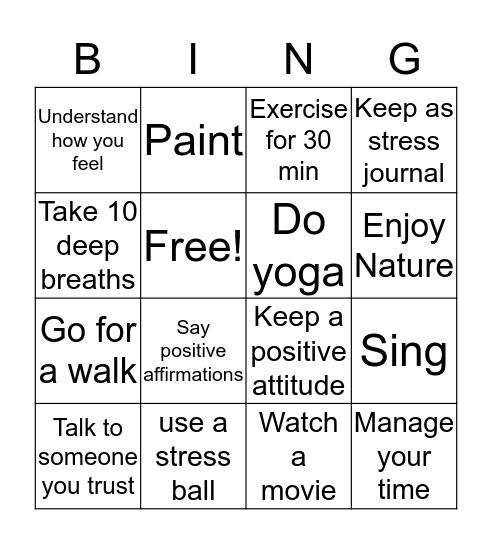 Stress Management Bingo  Bingo Card