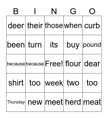 Spelling Word BINGO Card
