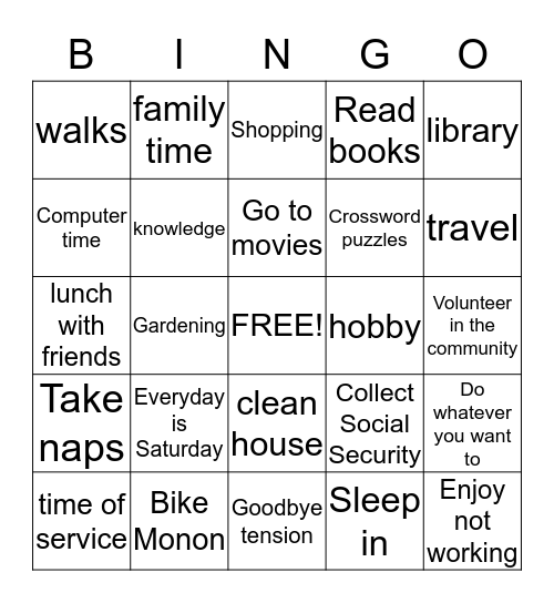 RETIREMENT Bingo Card