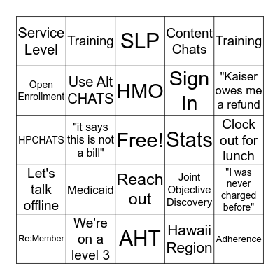 Member Services Contact Center Bingo Card