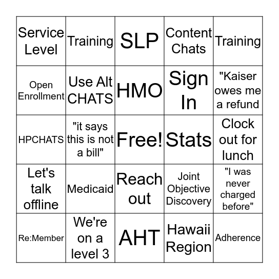 Member Services Contact Center Bingo Card