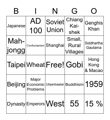 China, Mongolia & Taiwan Bingo Card