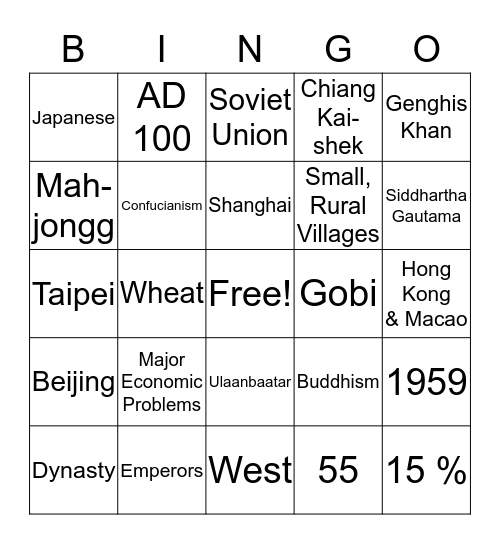 China, Mongolia & Taiwan Bingo Card