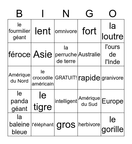 Les animaux en danger - vocabulaire Bingo Card