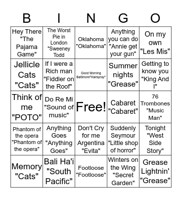 Broadway Songs Bingo Card