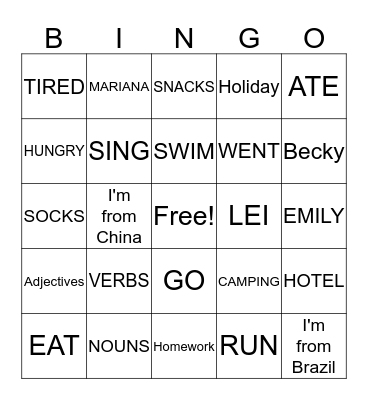 ENGLISH CLASS Bingo Card