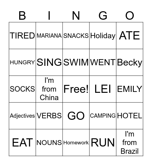 ENGLISH CLASS Bingo Card