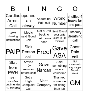 Dispatch Week Bingo Card