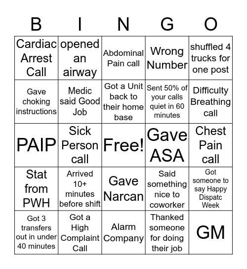 Dispatch Week Bingo Card