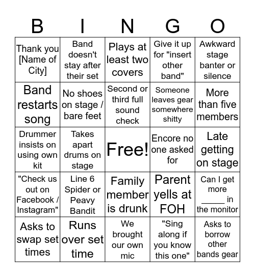 Local Band Bingo by Sparrows Bingo Card