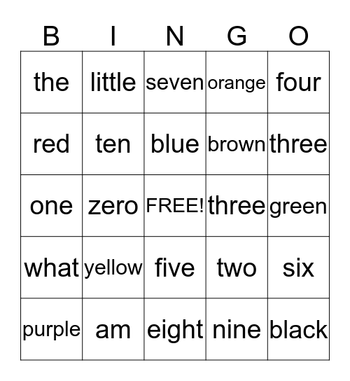 Kindergarten Color and Number Popcorn Words Bingo Card