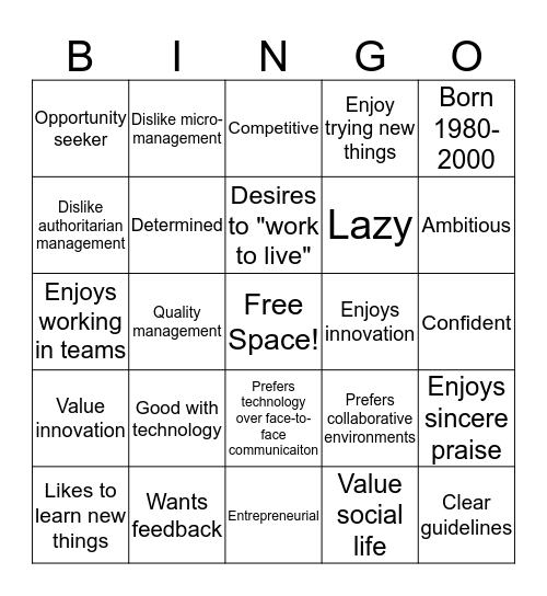 Millennial Bingo Card