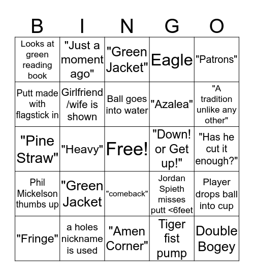 MASTERS BINGO Card