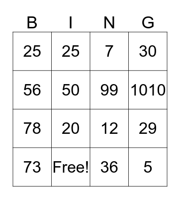 Maths Bingo Card