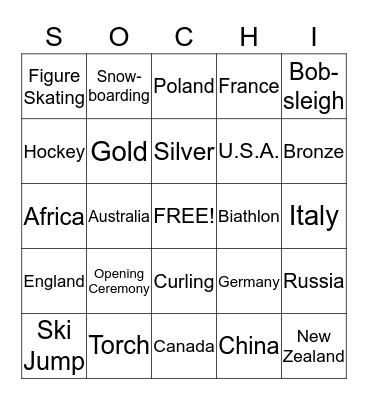 Garden's Olympic Bingo Card