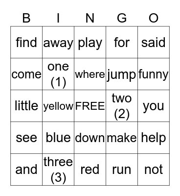 DOLCH WORDS  Bingo Card