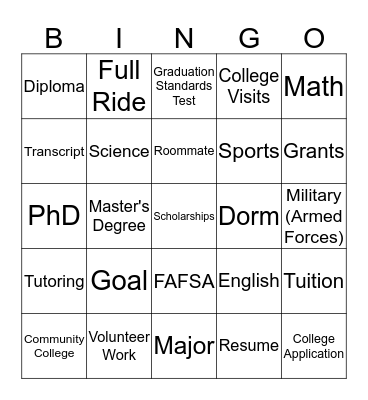 I'm Going to College! Bingo Card