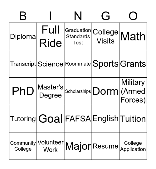 I'm Going to College! Bingo Card