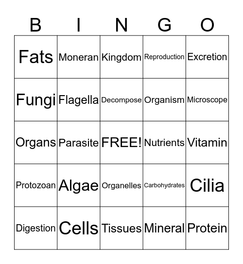 Life Science Bingo Card