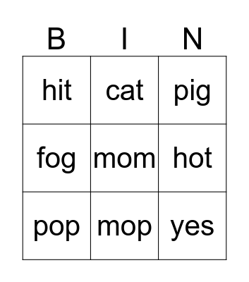 short vowel words Bingo Card