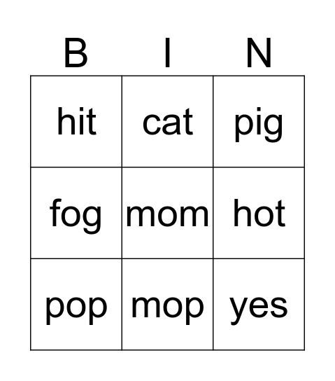 short vowel words Bingo Card