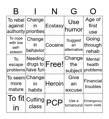 Drug Abuse Bingo Card