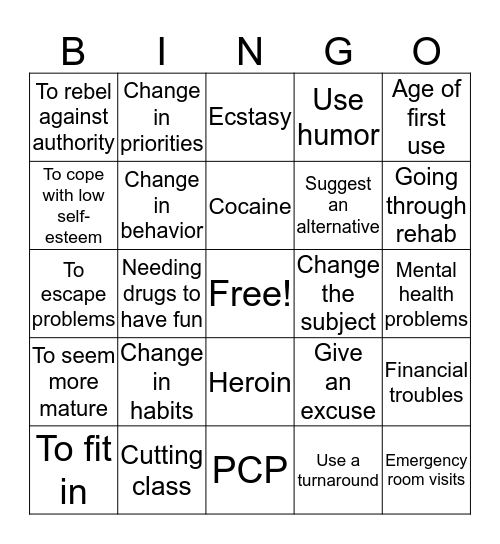 Drug Abuse Bingo Card