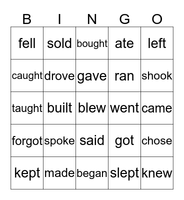 Irregular Past Tense Verbs Bingo Card